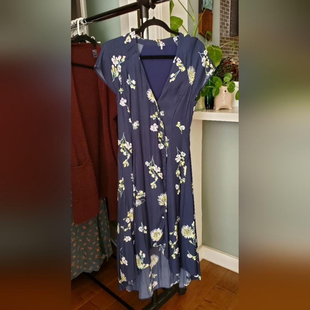 Free People Lost in You Floral Navy Midi/Hi Low wrap-dress XS